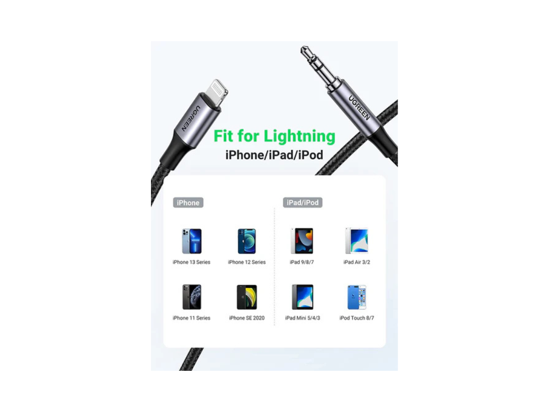 كابل Lightning إلى Aux مقاس 3.5 مم مضفر من uGreen MFI (معتمد من Apple) بطول 1 متر (أسود) US315-70509 كابل Lightning إلى Aux مقاس 3.5 مم مضفر من uGreen MFI (معتمد من Apple) بطول 1 متر (أسود) US315-70509